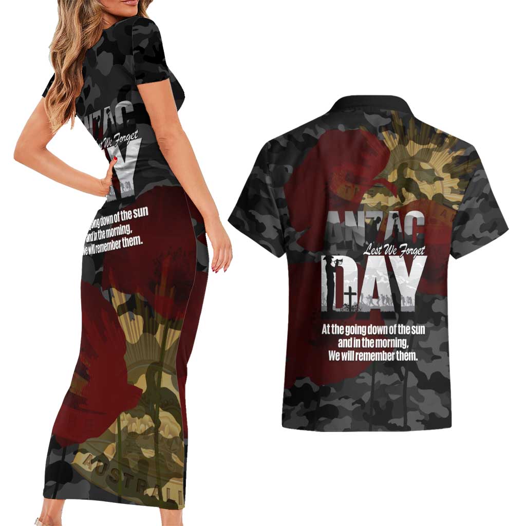 Australia ANZAC Day Couples Matching Short Sleeve Bodycon Dress and Hawaiian Shirt We Will Remember Them Poppy Camouflage - Aussie Hoodie