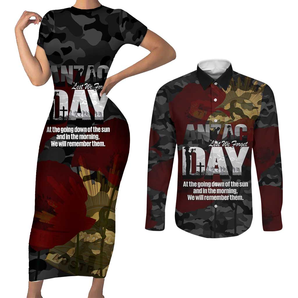 Australia ANZAC Day Couples Matching Short Sleeve Bodycon Dress and Long Sleeve Button Shirt We Will Remember Them Poppy Camouflage - Aussie Hoodie