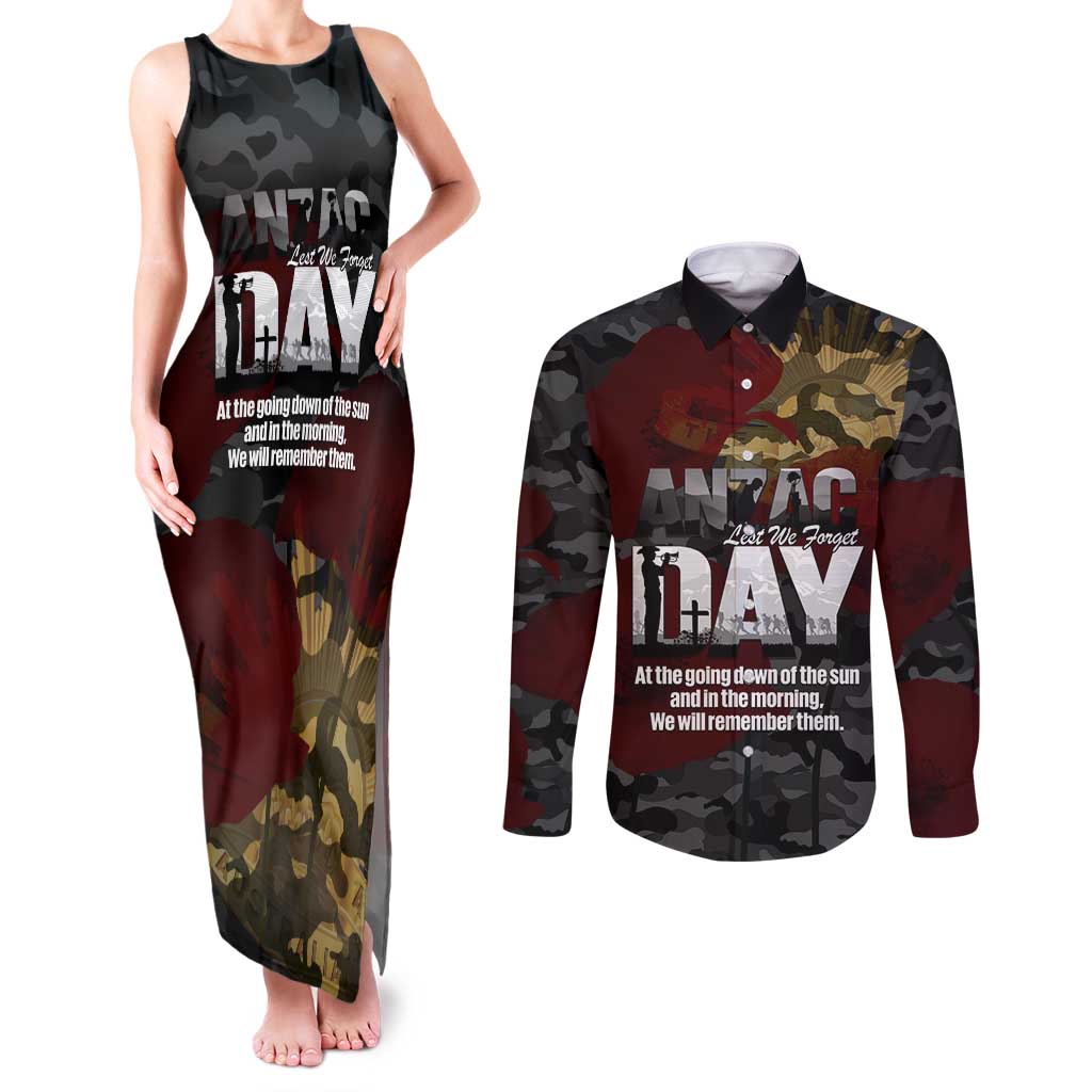 Australia ANZAC Day Couples Matching Tank Maxi Dress and Long Sleeve Button Shirt We Will Remember Them Poppy Camouflage - Aussie Hoodie