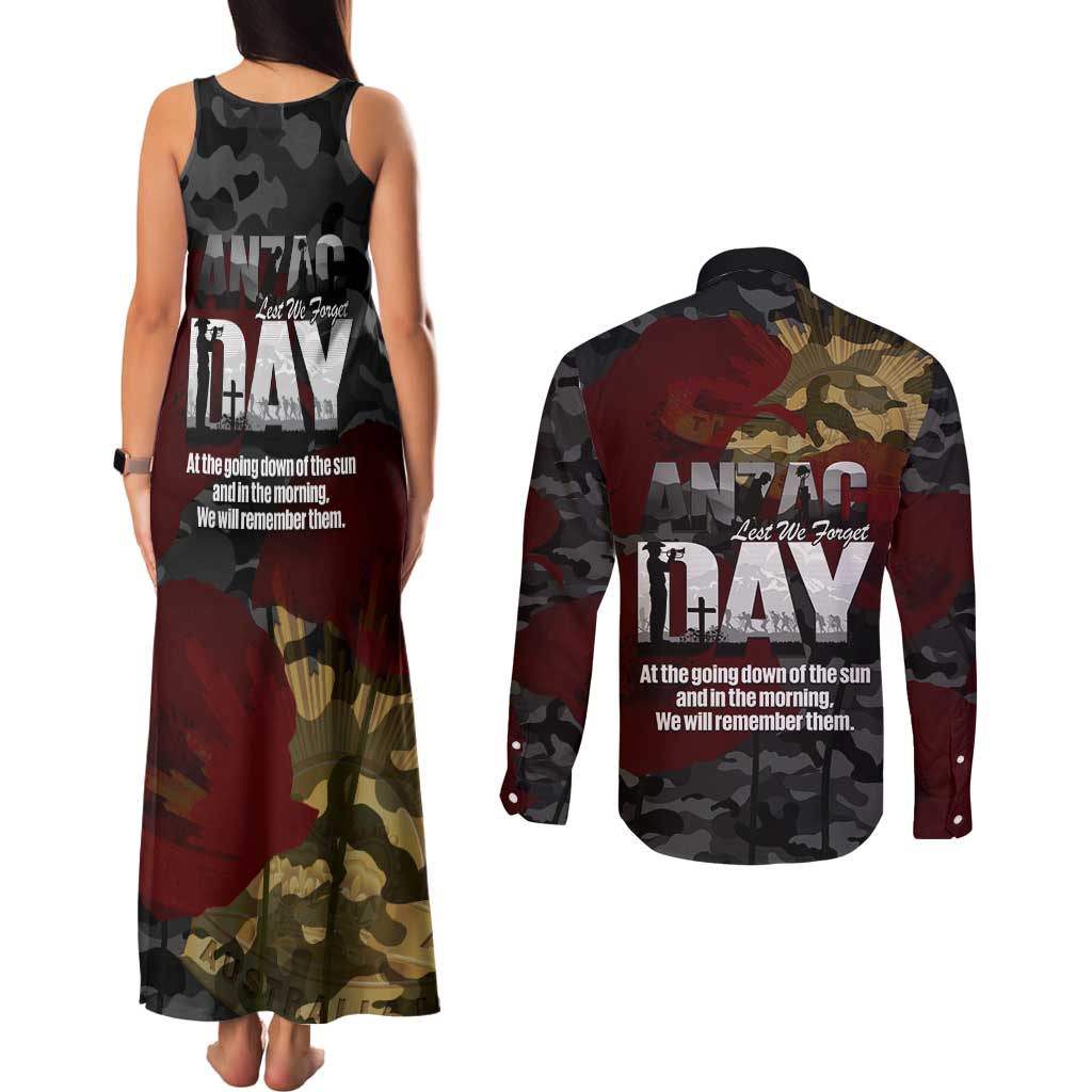 Australia ANZAC Day Couples Matching Tank Maxi Dress and Long Sleeve Button Shirt We Will Remember Them Poppy Camouflage - Aussie Hoodie