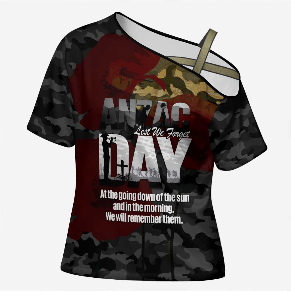 Australia ANZAC Day Cross Shoulder Shirt We Will Remember Them Poppy Camouflage - Aussie Hoodie