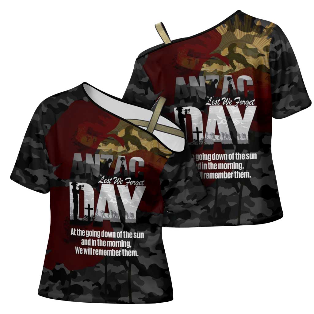 Australia ANZAC Day Cross Shoulder Shirt We Will Remember Them Poppy Camouflage - Aussie Hoodie