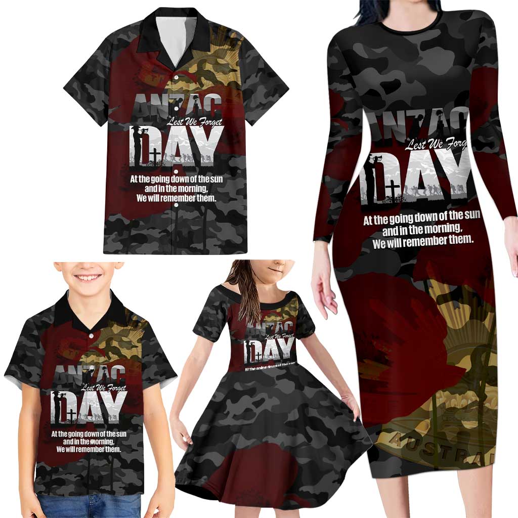 Australia ANZAC Day Family Matching Long Sleeve Bodycon Dress and Hawaiian Shirt We Will Remember Them Poppy Camouflage