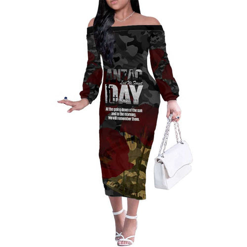 Australia ANZAC Day Family Matching Off The Shoulder Long Sleeve Dress and Hawaiian Shirt We Will Remember Them Poppy Camouflage