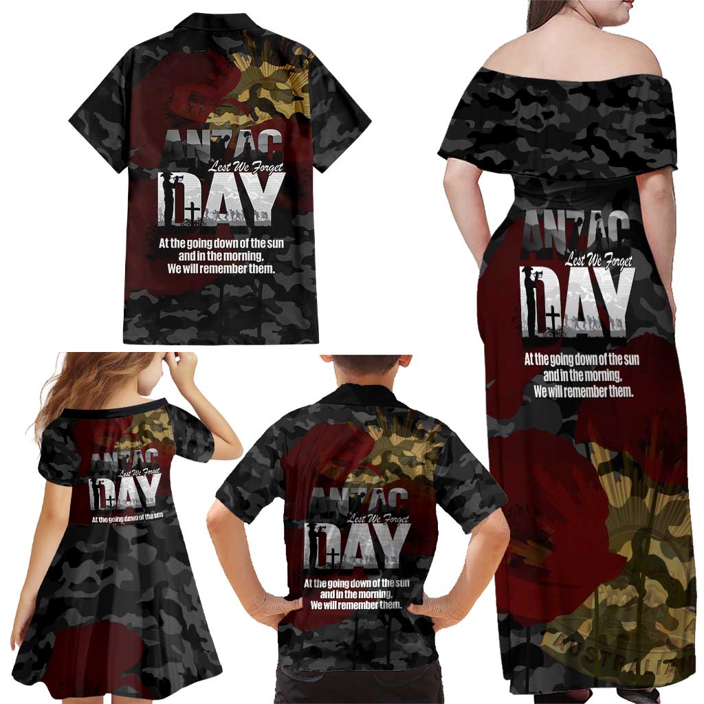 Australia ANZAC Day Family Matching Off Shoulder Maxi Dress and Hawaiian Shirt We Will Remember Them Poppy Camouflage