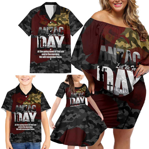 Australia ANZAC Day Family Matching Off Shoulder Short Dress and Hawaiian Shirt We Will Remember Them Poppy Camouflage