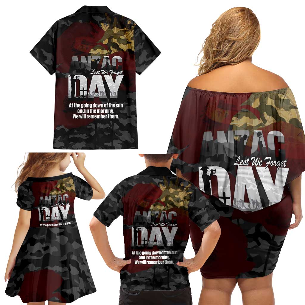 Australia ANZAC Day Family Matching Off Shoulder Short Dress and Hawaiian Shirt We Will Remember Them Poppy Camouflage