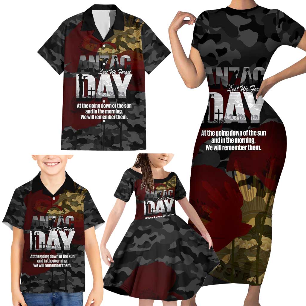 Australia ANZAC Day Family Matching Short Sleeve Bodycon Dress and Hawaiian Shirt We Will Remember Them Poppy Camouflage