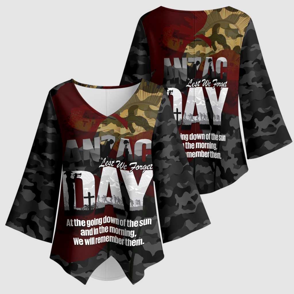 Australia ANZAC Day Kimono Sleeve Blouse We Will Remember Them Poppy Camouflage - Aussie Hoodie