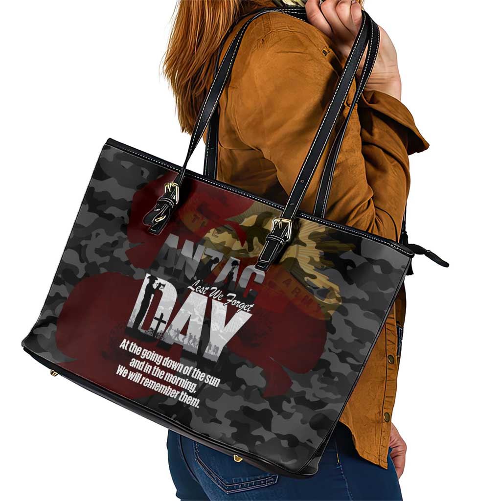Australia ANZAC Day Leather Tote Bag We Will Remember Them Poppy Camouflage - Aussie Hoodie