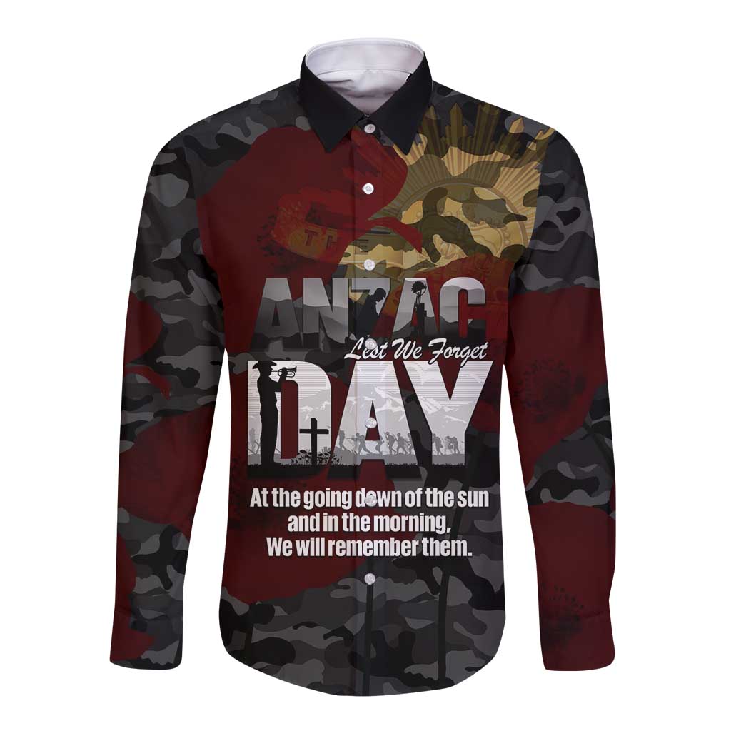 Australia ANZAC Day Long Sleeve Button Shirt We Will Remember Them Poppy Camouflage - Aussie Hoodie
