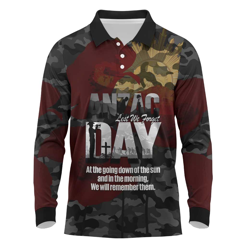 Australia ANZAC Day Long Sleeve Polo Shirt We Will Remember Them Poppy Camouflage - Aussie Hoodie