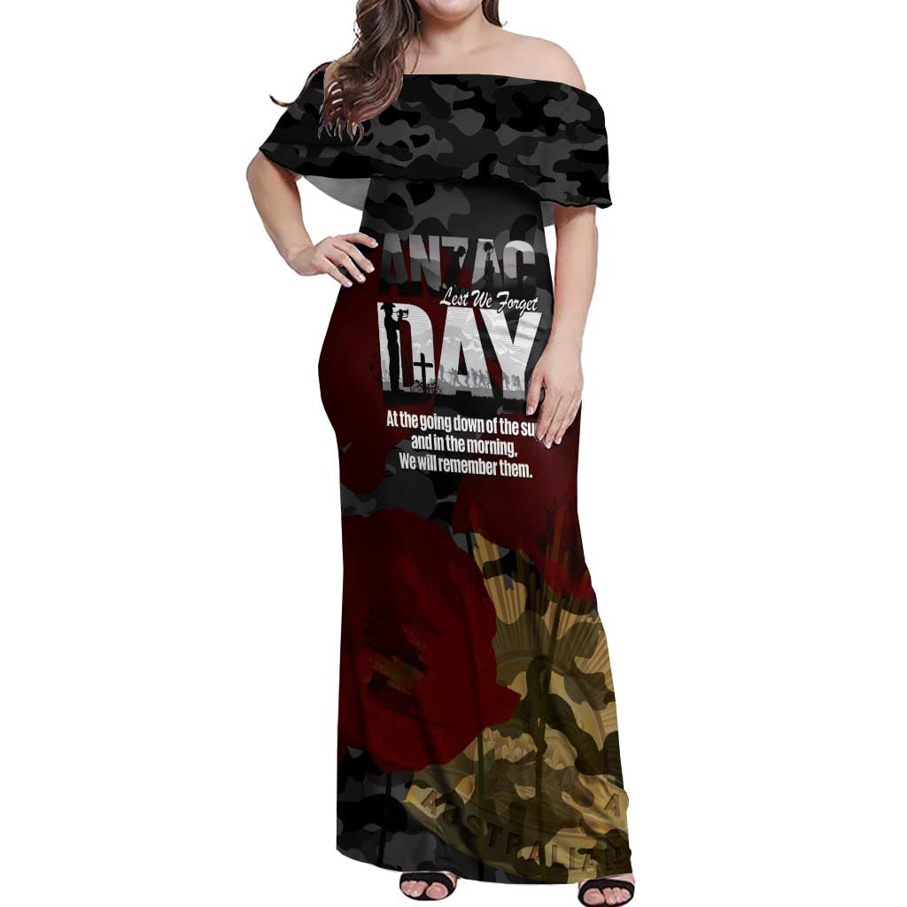 Australia ANZAC Day Off Shoulder Maxi Dress We Will Remember Them Poppy Camouflage - Aussie Hoodie