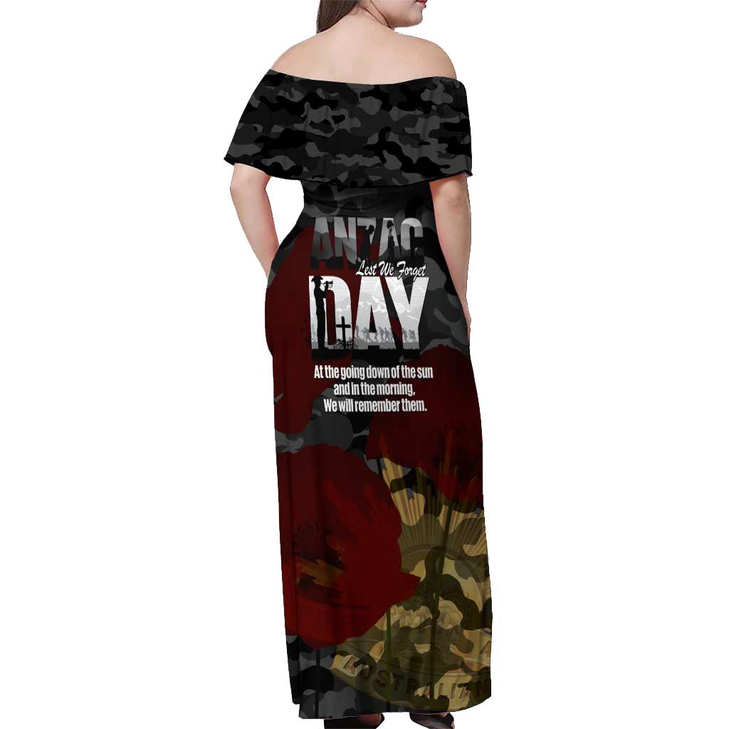 Australia ANZAC Day Off Shoulder Maxi Dress We Will Remember Them Poppy Camouflage - Aussie Hoodie