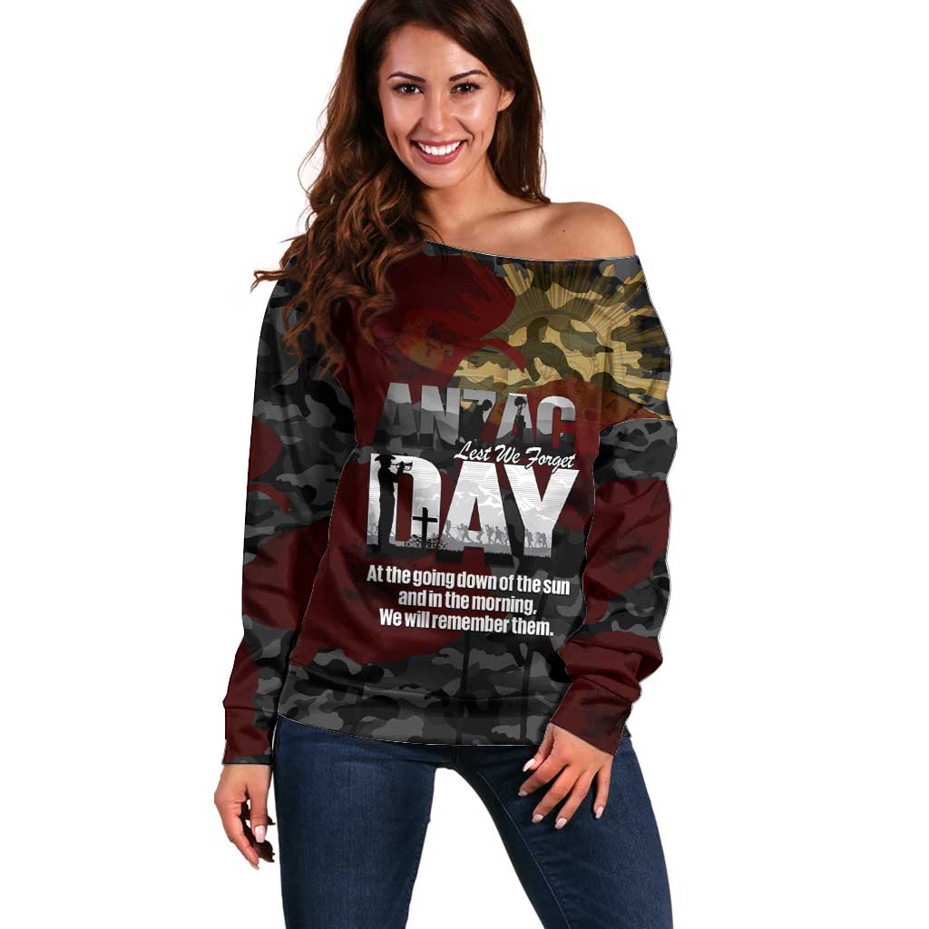 Australia ANZAC Day Off Shoulder Sweater We Will Remember Them Poppy Camouflage - Aussie Hoodie