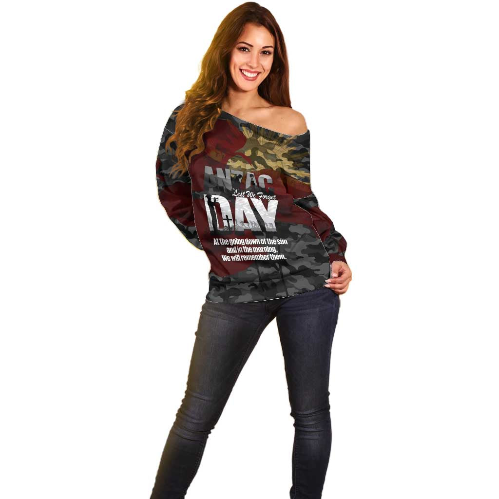 Australia ANZAC Day Off Shoulder Sweater We Will Remember Them Poppy Camouflage - Aussie Hoodie