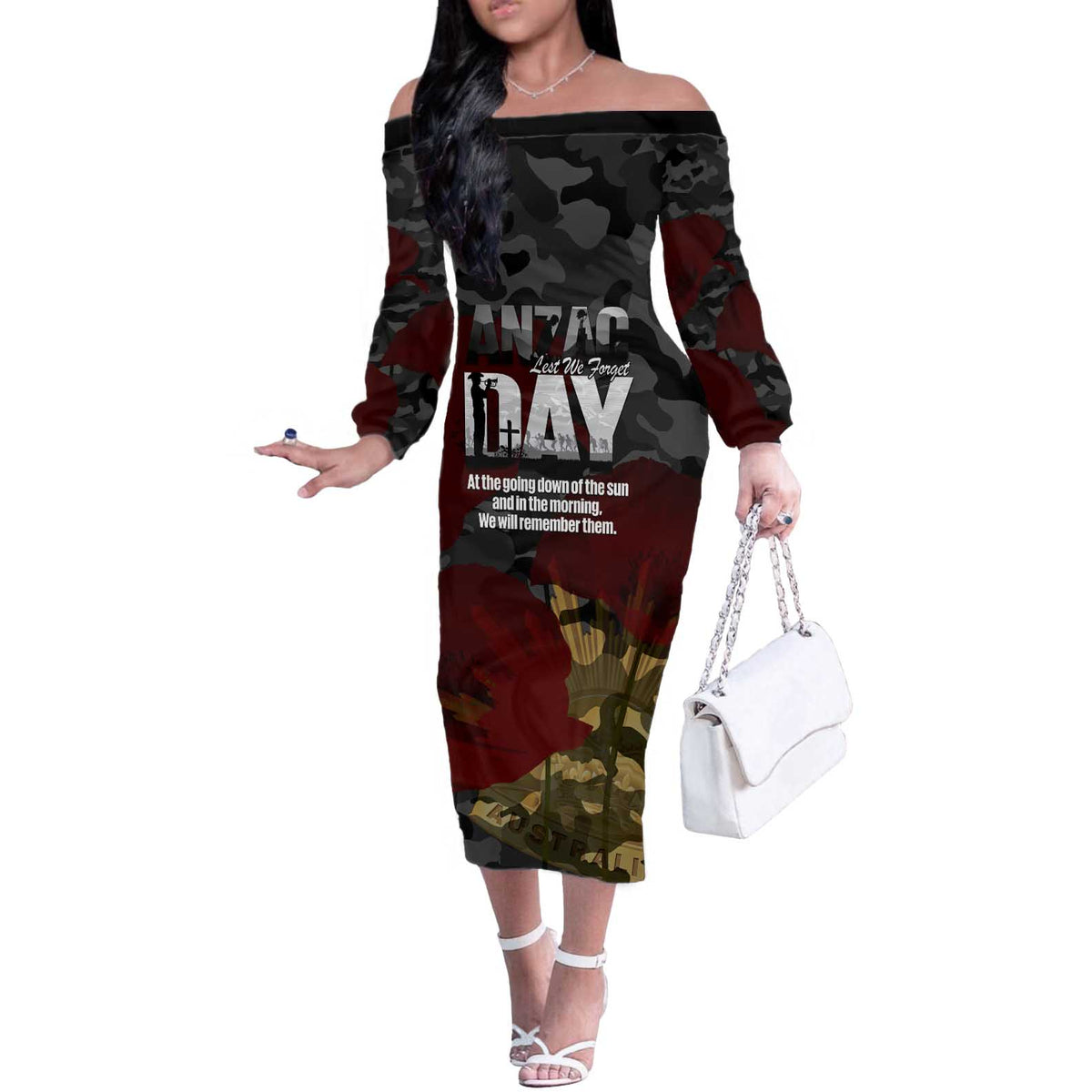 Australia ANZAC Day Off The Shoulder Long Sleeve Dress We Will Remember Them Poppy Camouflage - Aussie Hoodie