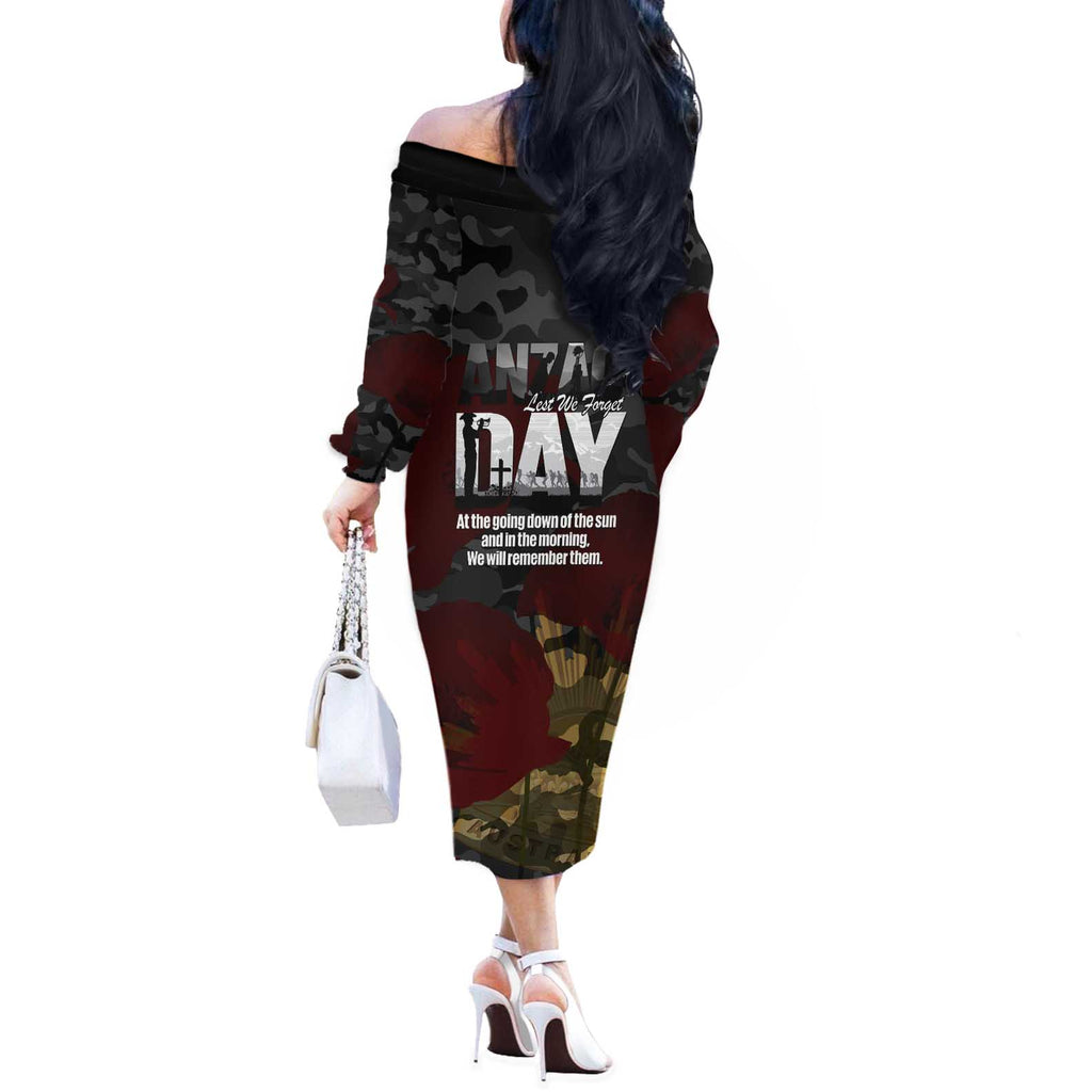 Australia ANZAC Day Off The Shoulder Long Sleeve Dress We Will Remember Them Poppy Camouflage - Aussie Hoodie