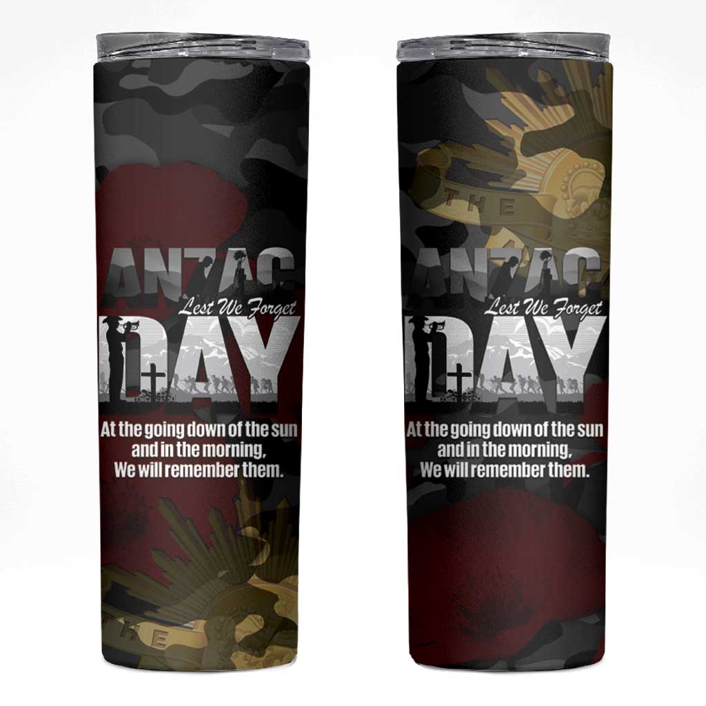 Australia ANZAC Day Skinny Tumbler We Will Remember Them Poppy Camouflage - Aussie Hoodie