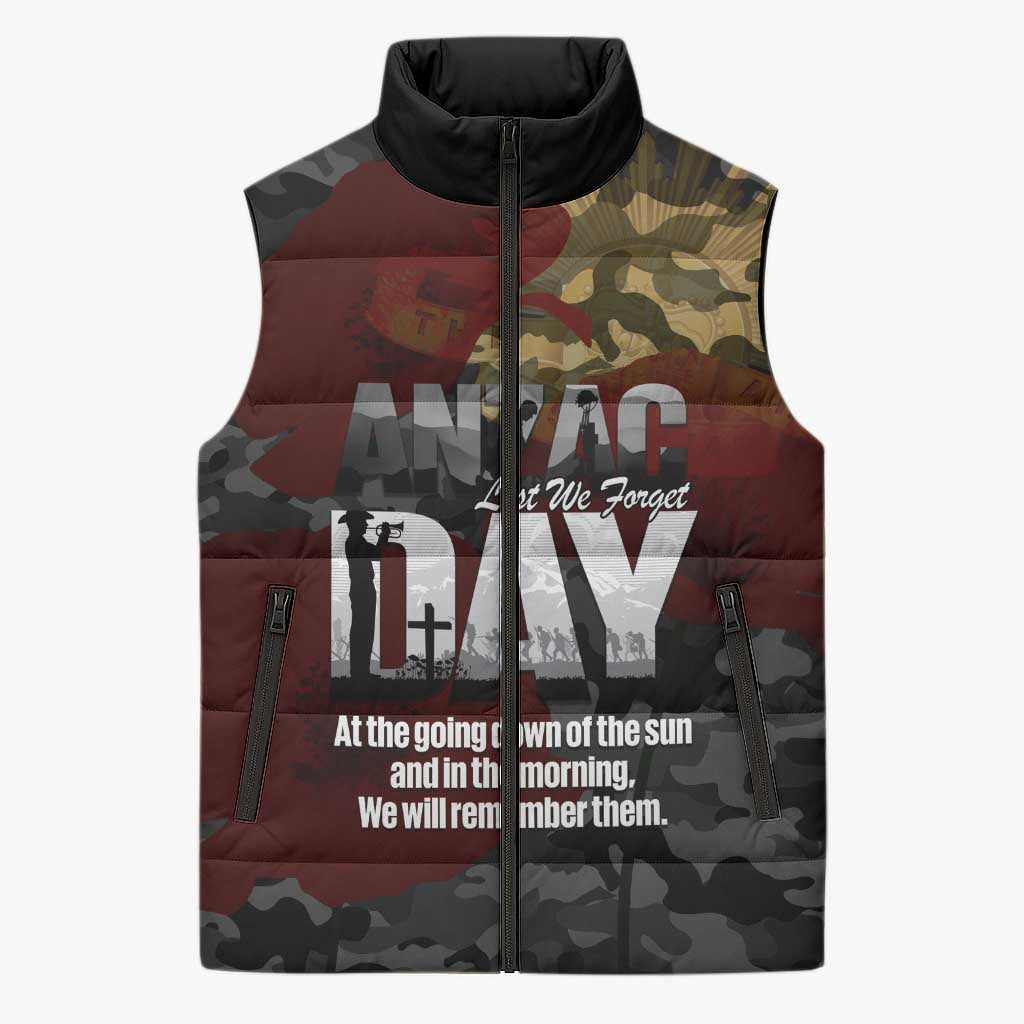 Australia ANZAC Day Sleeveless Puffer Jacket We Will Remember Them Poppy Camouflage - Aussie Hoodie