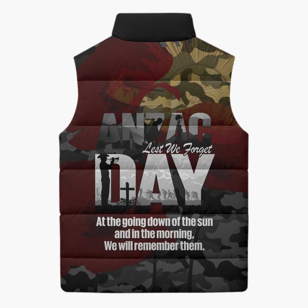 Australia ANZAC Day Sleeveless Puffer Jacket We Will Remember Them Poppy Camouflage - Aussie Hoodie