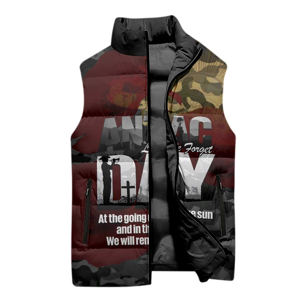 Australia ANZAC Day Sleeveless Puffer Jacket We Will Remember Them Poppy Camouflage - Aussie Hoodie