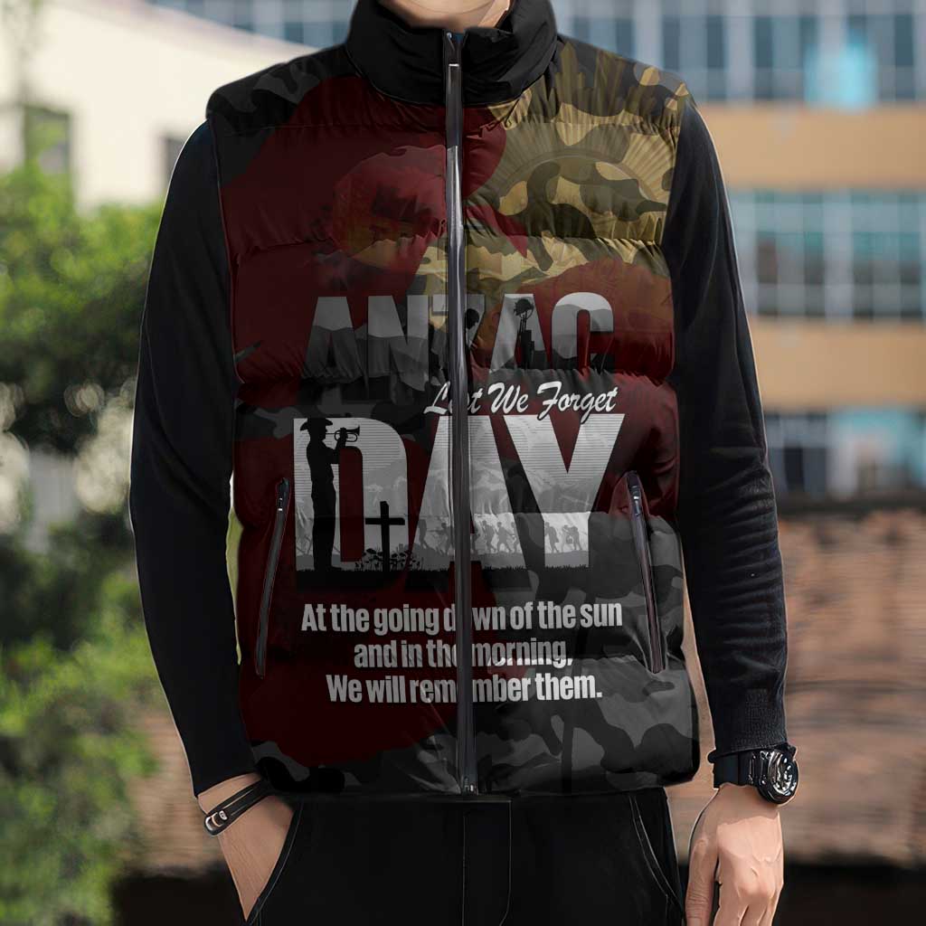 Australia ANZAC Day Sleeveless Puffer Jacket We Will Remember Them Poppy Camouflage - Aussie Hoodie