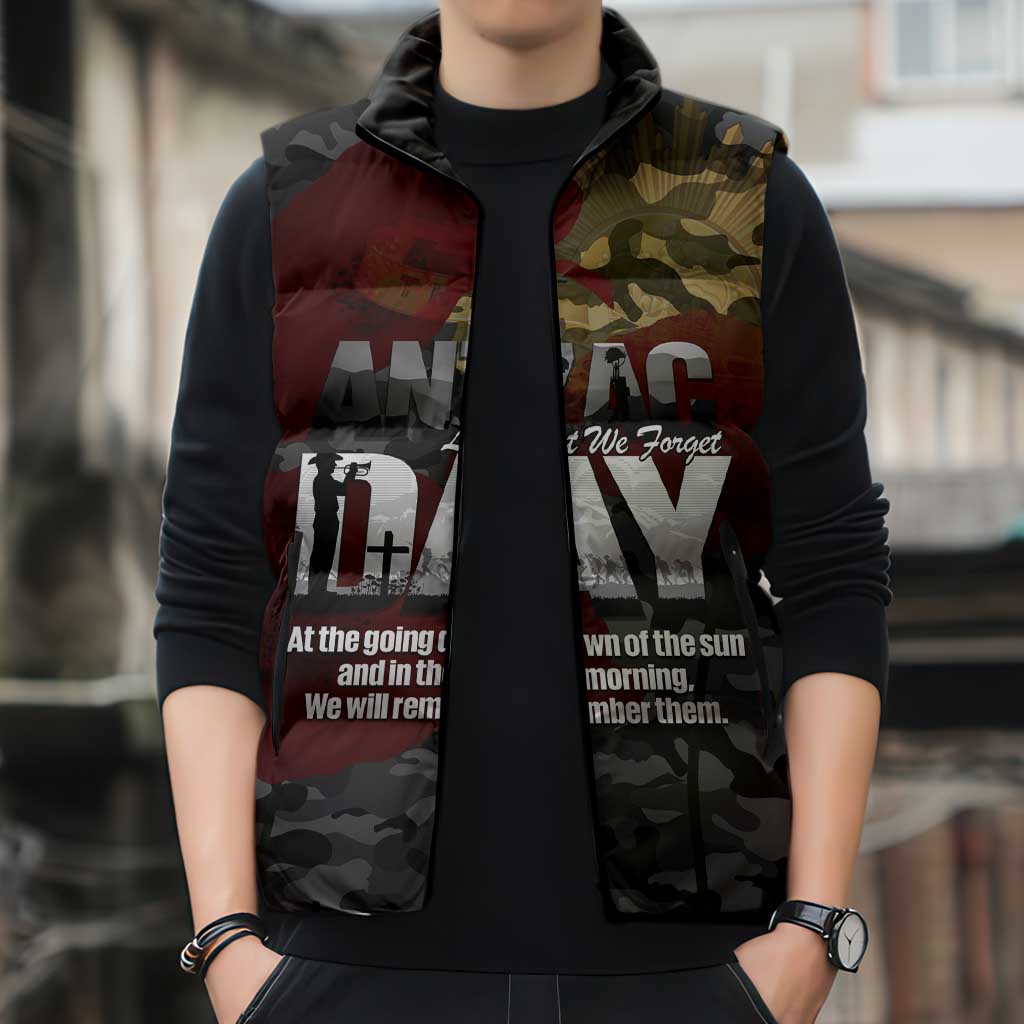Australia ANZAC Day Sleeveless Puffer Jacket We Will Remember Them Poppy Camouflage - Aussie Hoodie