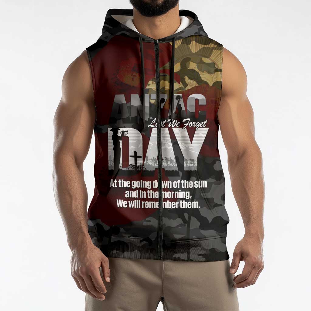 Australia ANZAC Day Sleeveless Zip Hoodie We Will Remember Them Poppy Camouflage - Aussie Hoodie