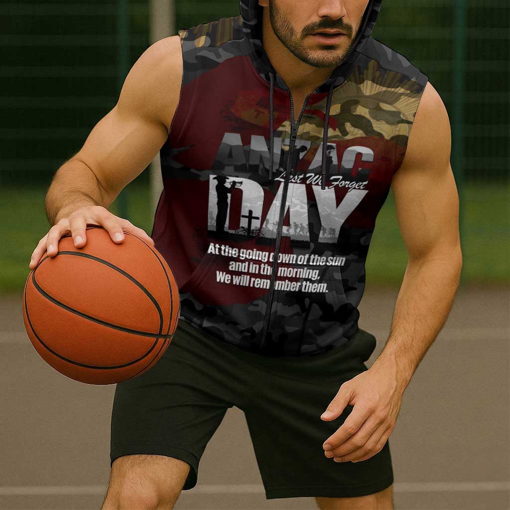 Australia ANZAC Day Sleeveless Zip Hoodie We Will Remember Them Poppy Camouflage - Aussie Hoodie