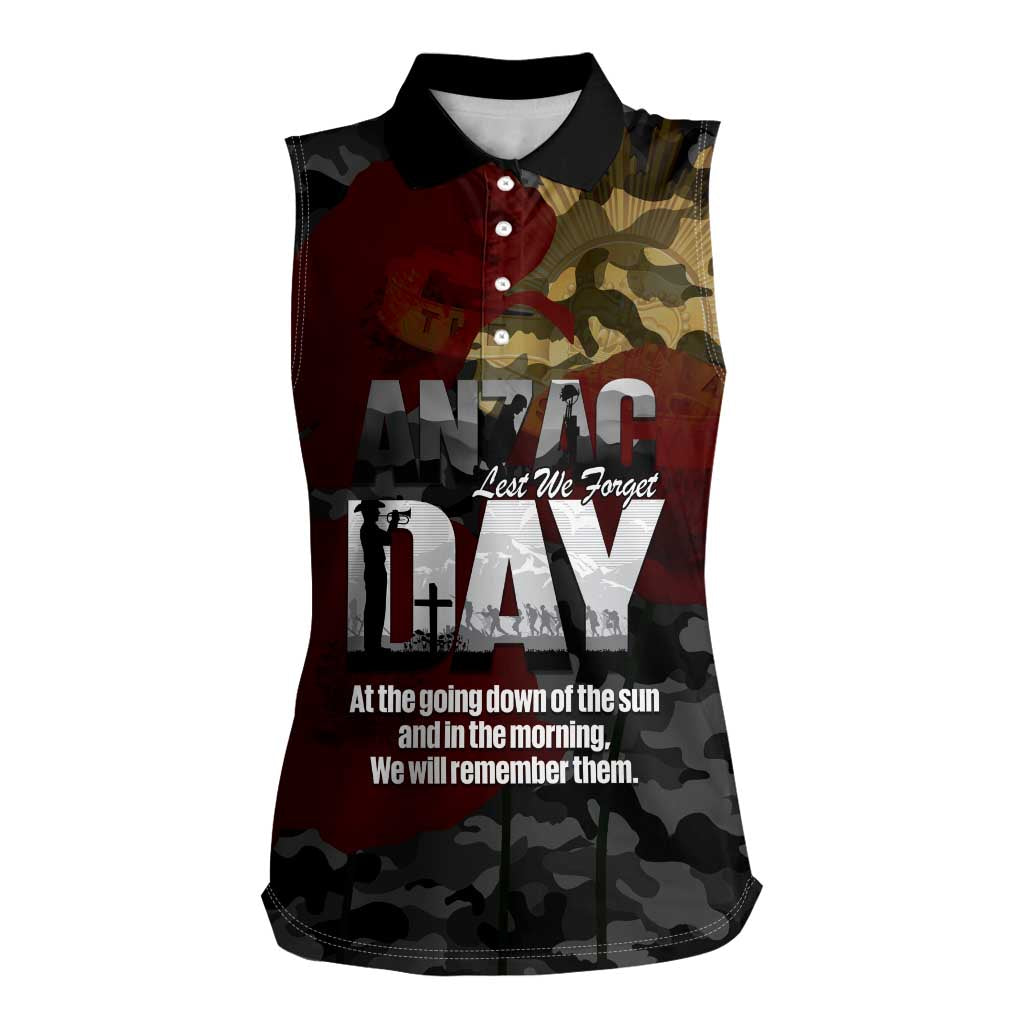 Australia ANZAC Day Women Sleeveless Polo Shirt We Will Remember Them Poppy Camouflage - Aussie Hoodie