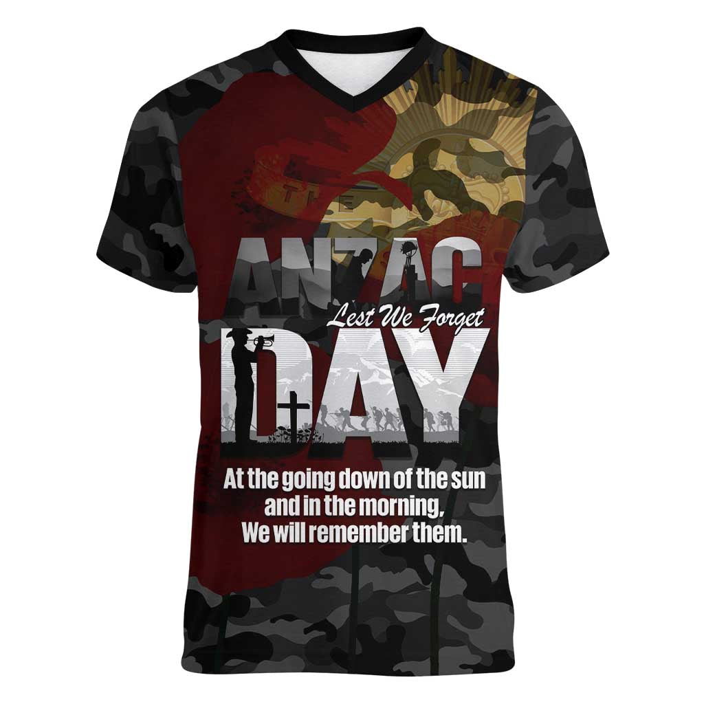 Australia ANZAC Day Women V-Neck T-Shirt We Will Remember Them Poppy Camouflage - Aussie Hoodie