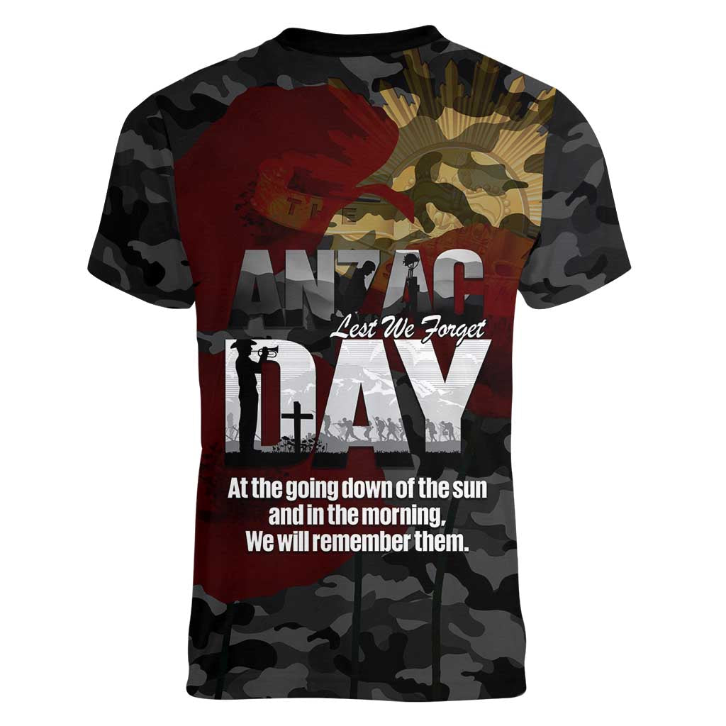 Australia ANZAC Day Women V-Neck T-Shirt We Will Remember Them Poppy Camouflage - Aussie Hoodie