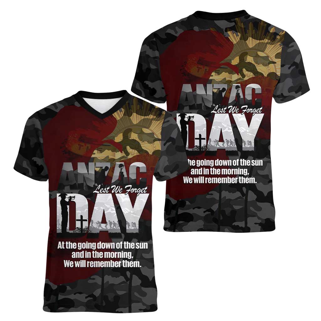 Australia ANZAC Day Women V-Neck T-Shirt We Will Remember Them Poppy Camouflage - Aussie Hoodie