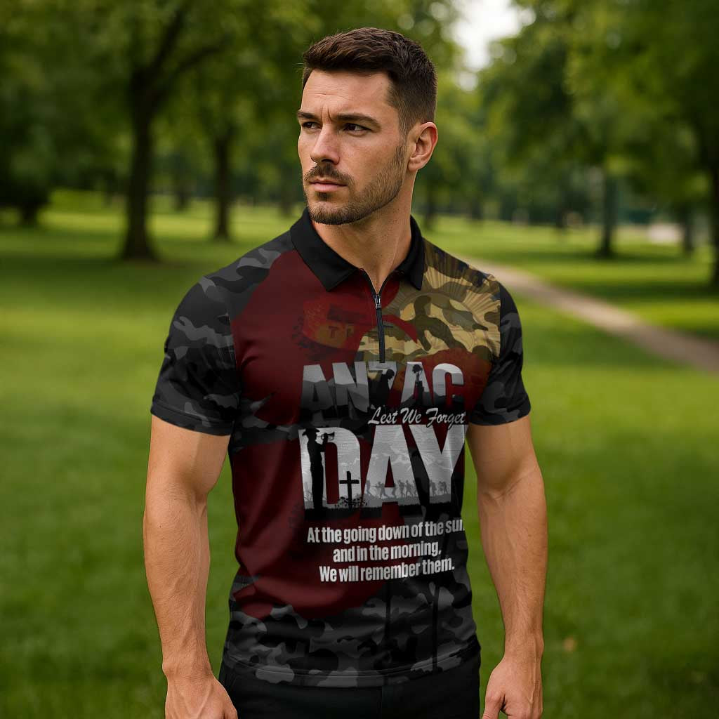 Australia ANZAC Day Zipper Polo Shirt We Will Remember Them Poppy Camouflage - Aussie Hoodie