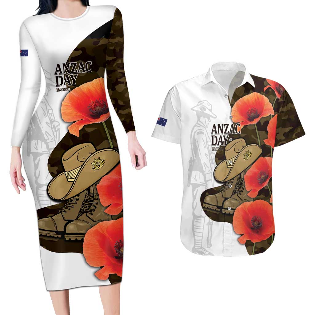 Australia ANZAC Day Couples Matching Long Sleeve Bodycon Dress and Hawaiian Shirt Boots And Slouch Hat Lest We Forget - Aussie Hoodie