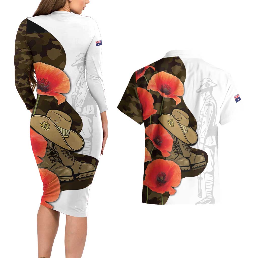 Australia ANZAC Day Couples Matching Long Sleeve Bodycon Dress and Hawaiian Shirt Boots And Slouch Hat Lest We Forget - Aussie Hoodie