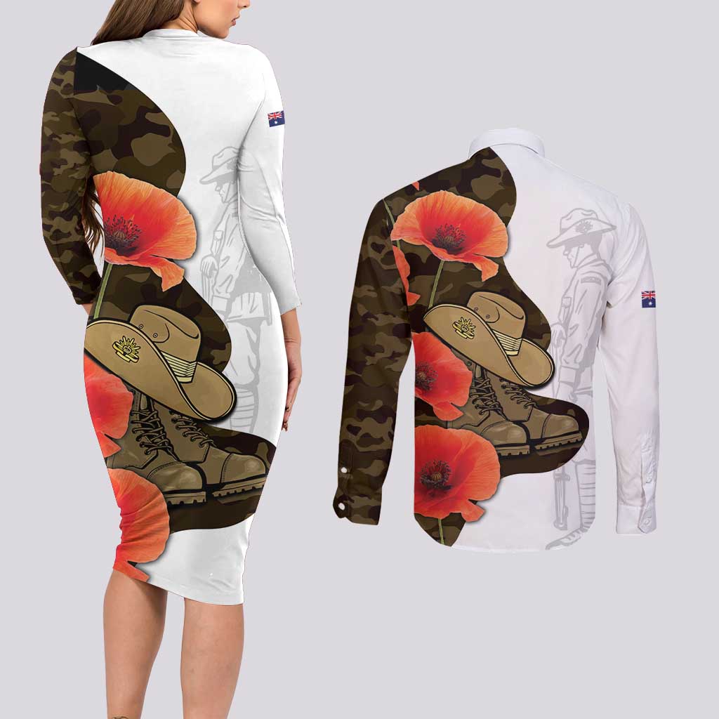 Australia ANZAC Day Couples Matching Long Sleeve Bodycon Dress and Long Sleeve Button Shirt Boots And Slouch Hat Lest We Forget - Aussie Hoodie