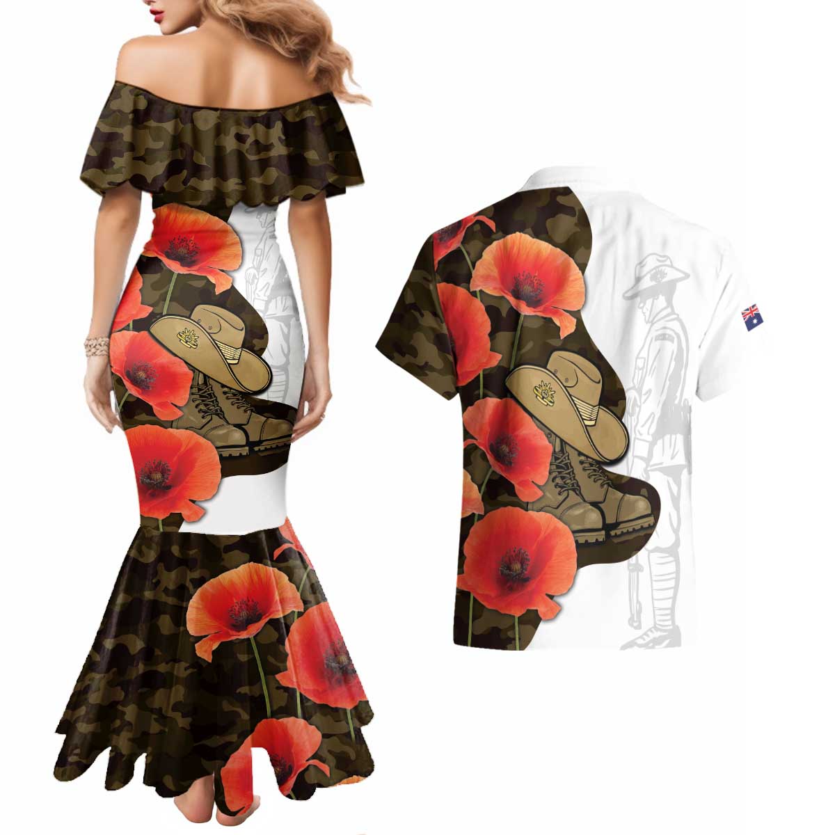 Australia ANZAC Day Couples Matching Mermaid Dress and Hawaiian Shirt Boots And Slouch Hat Lest We Forget - Aussie Hoodie