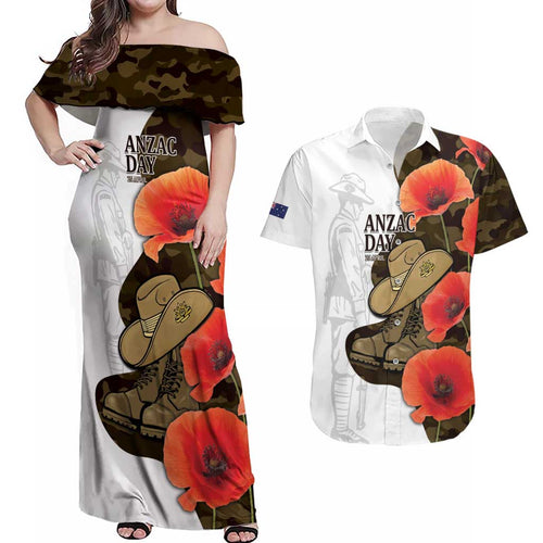 Australia ANZAC Day Couples Matching Off Shoulder Maxi Dress and Hawaiian Shirt Boots And Slouch Hat Lest We Forget - Aussie Hoodie