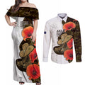 Australia ANZAC Day Couples Matching Off Shoulder Maxi Dress and Long Sleeve Button Shirt Boots And Slouch Hat Lest We Forget - Aussie Hoodie