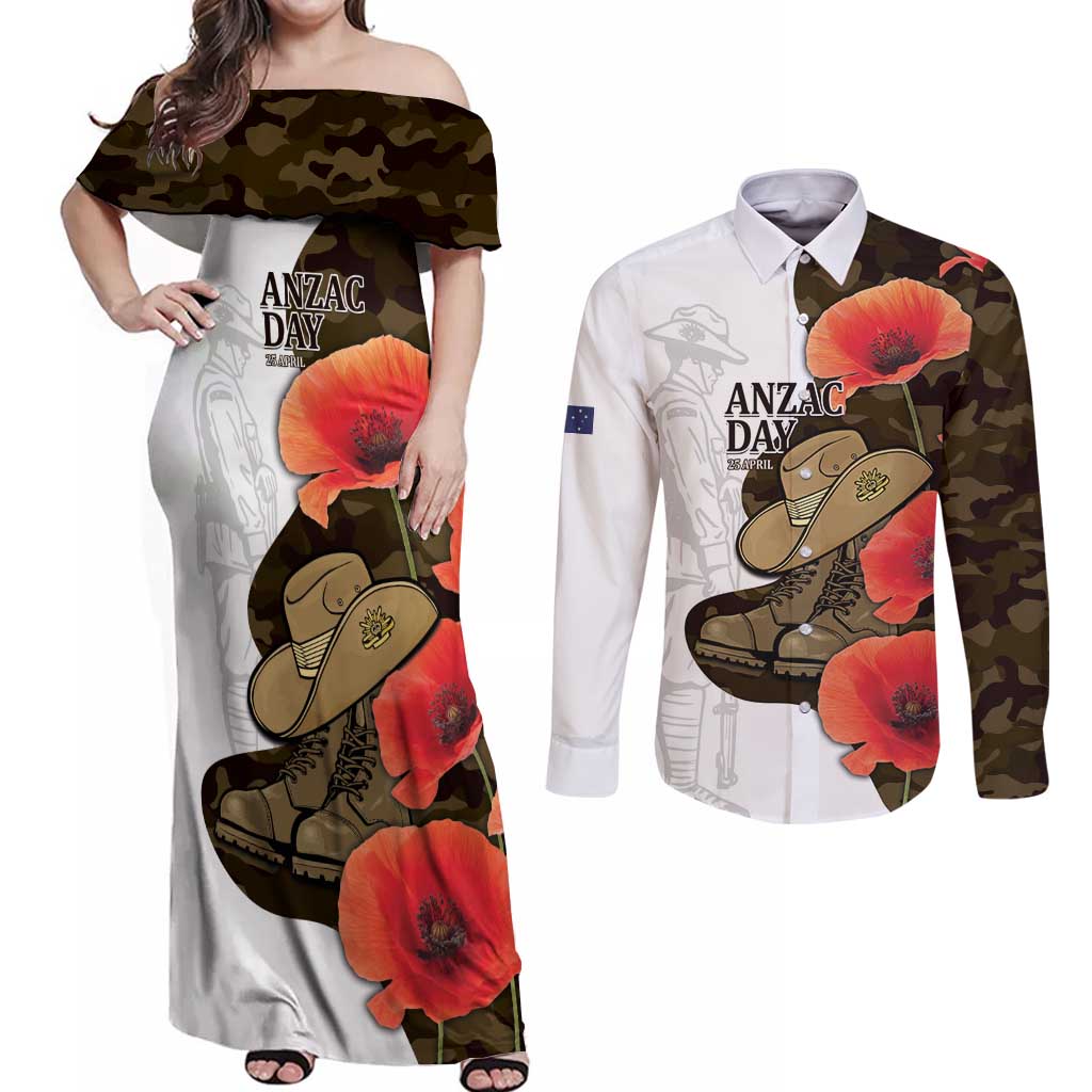 Australia ANZAC Day Couples Matching Off Shoulder Maxi Dress and Long Sleeve Button Shirt Boots And Slouch Hat Lest We Forget - Aussie Hoodie