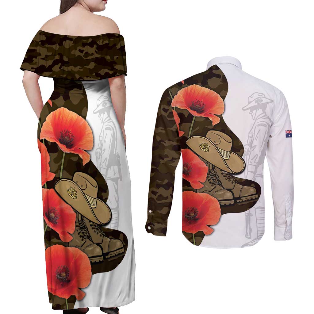 Australia ANZAC Day Couples Matching Off Shoulder Maxi Dress and Long Sleeve Button Shirt Boots And Slouch Hat Lest We Forget - Aussie Hoodie