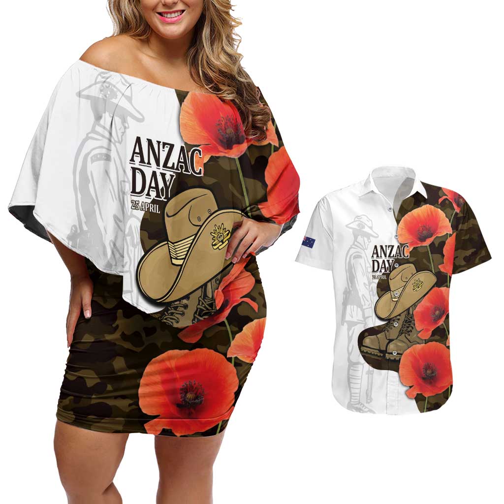 Australia ANZAC Day Couples Matching Off Shoulder Short Dress and Hawaiian Shirt Boots And Slouch Hat Lest We Forget - Aussie Hoodie