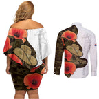 Australia ANZAC Day Couples Matching Off Shoulder Short Dress and Long Sleeve Button Shirt Boots And Slouch Hat Lest We Forget - Aussie Hoodie