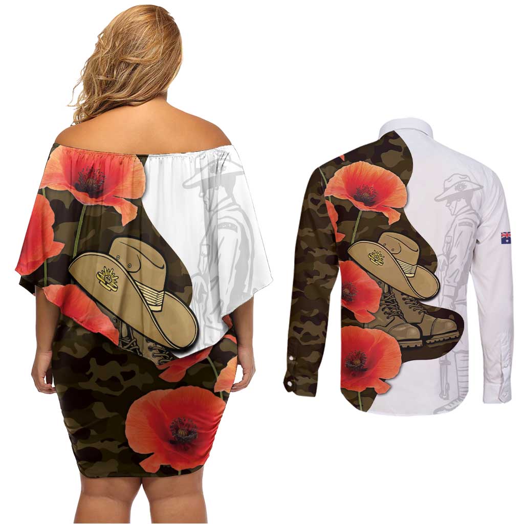 Australia ANZAC Day Couples Matching Off Shoulder Short Dress and Long Sleeve Button Shirt Boots And Slouch Hat Lest We Forget - Aussie Hoodie