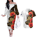 Australia ANZAC Day Couples Matching Off The Shoulder Long Sleeve Dress and Hawaiian Shirt Boots And Slouch Hat Lest We Forget - Aussie Hoodie