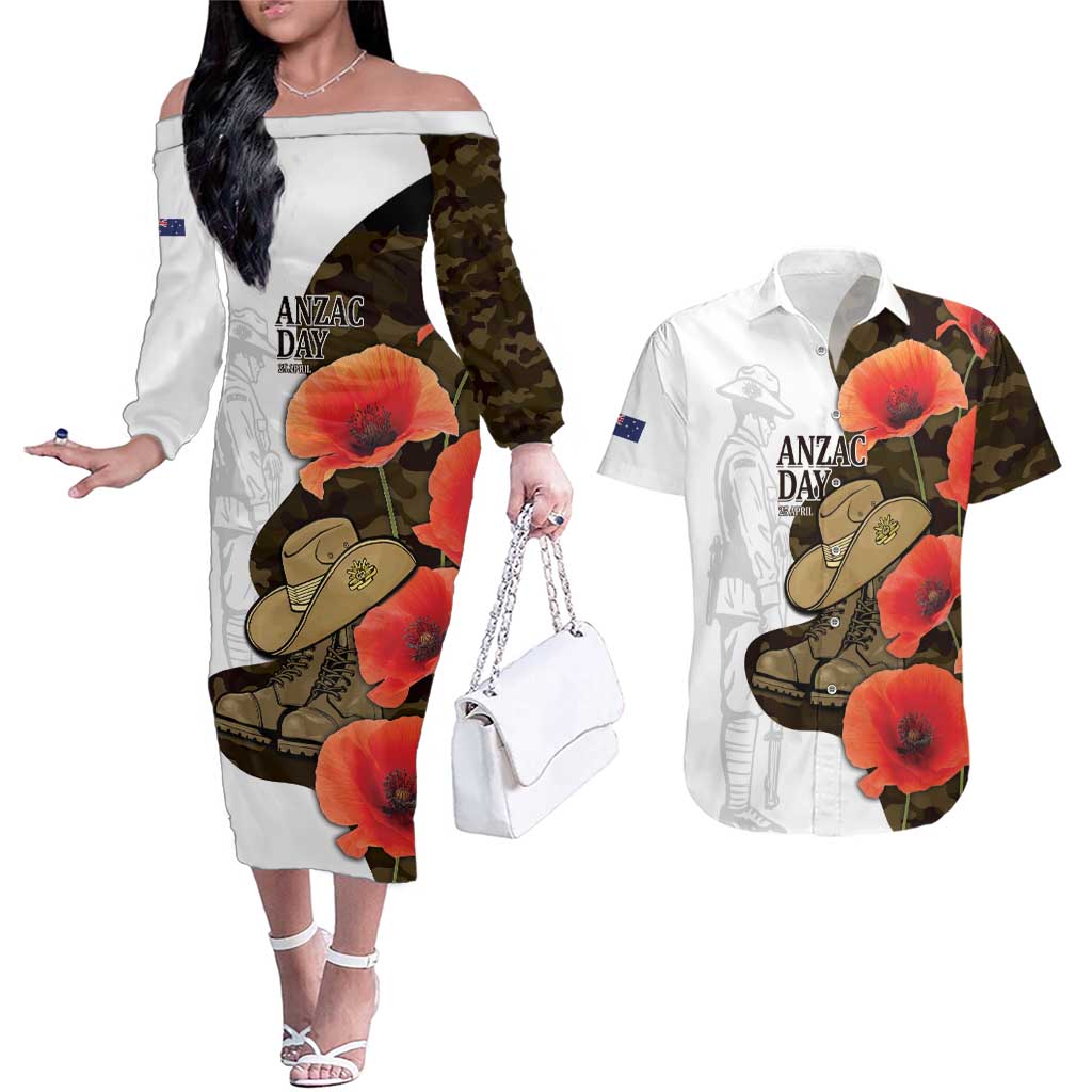 Australia ANZAC Day Couples Matching Off The Shoulder Long Sleeve Dress and Hawaiian Shirt Boots And Slouch Hat Lest We Forget - Aussie Hoodie