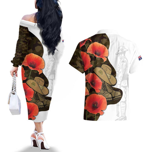Australia ANZAC Day Couples Matching Off The Shoulder Long Sleeve Dress and Hawaiian Shirt Boots And Slouch Hat Lest We Forget - Aussie Hoodie