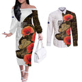 Australia ANZAC Day Couples Matching Off The Shoulder Long Sleeve Dress and Long Sleeve Button Shirt Boots And Slouch Hat Lest We Forget - Aussie Hoodie